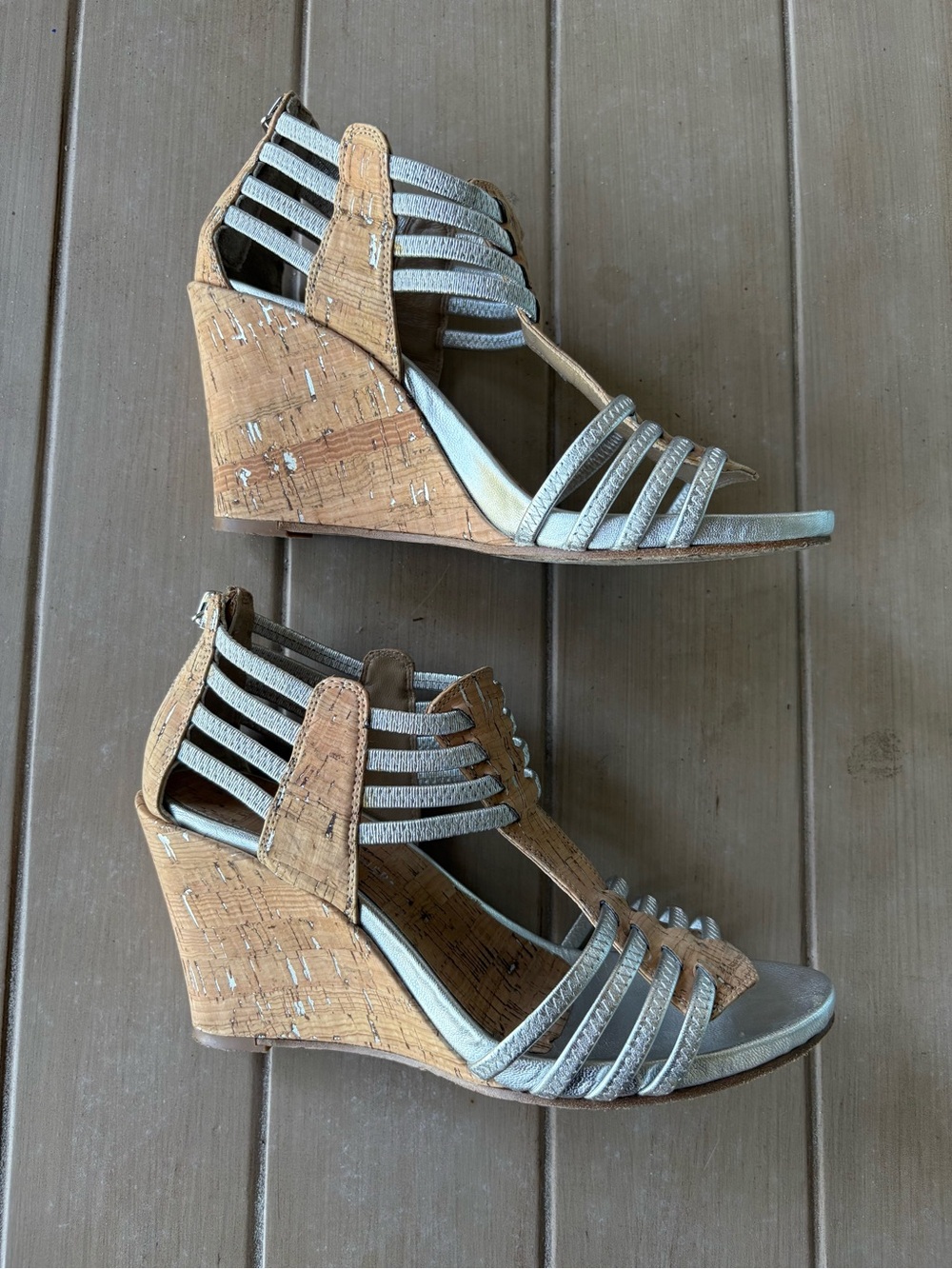 Women’s Donald J. Pliner Cork Wedge Sandals with Silver Straps - SIZE 8.5